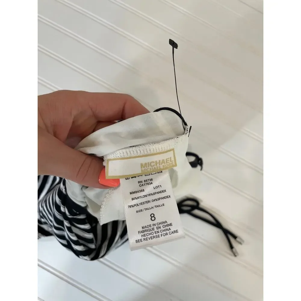 NWOT Michael Kors One Piece Bathing Suit Black & White Stripe Drawstring Side S